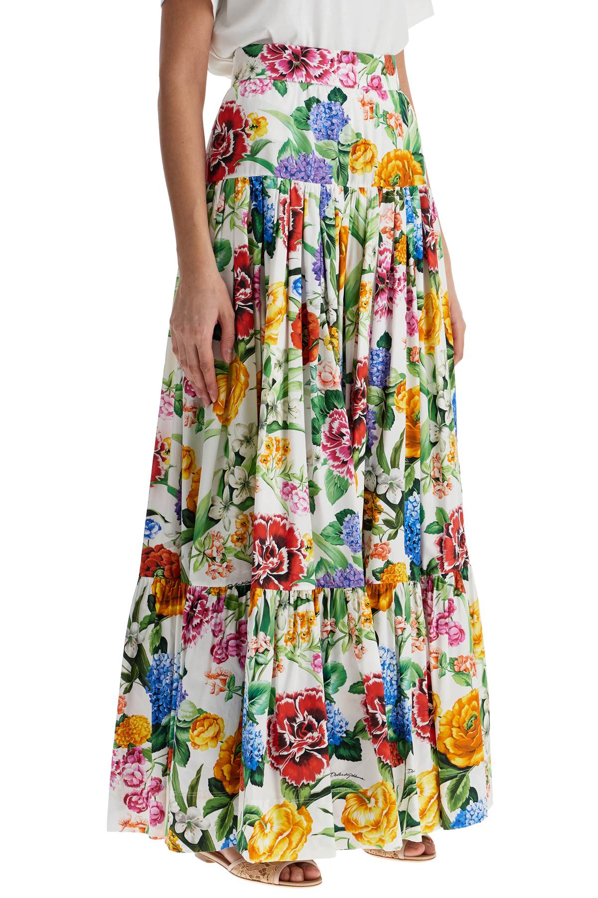 Dolce & Gabbana Maxi Skirt With High Waist In White Cotton Floral