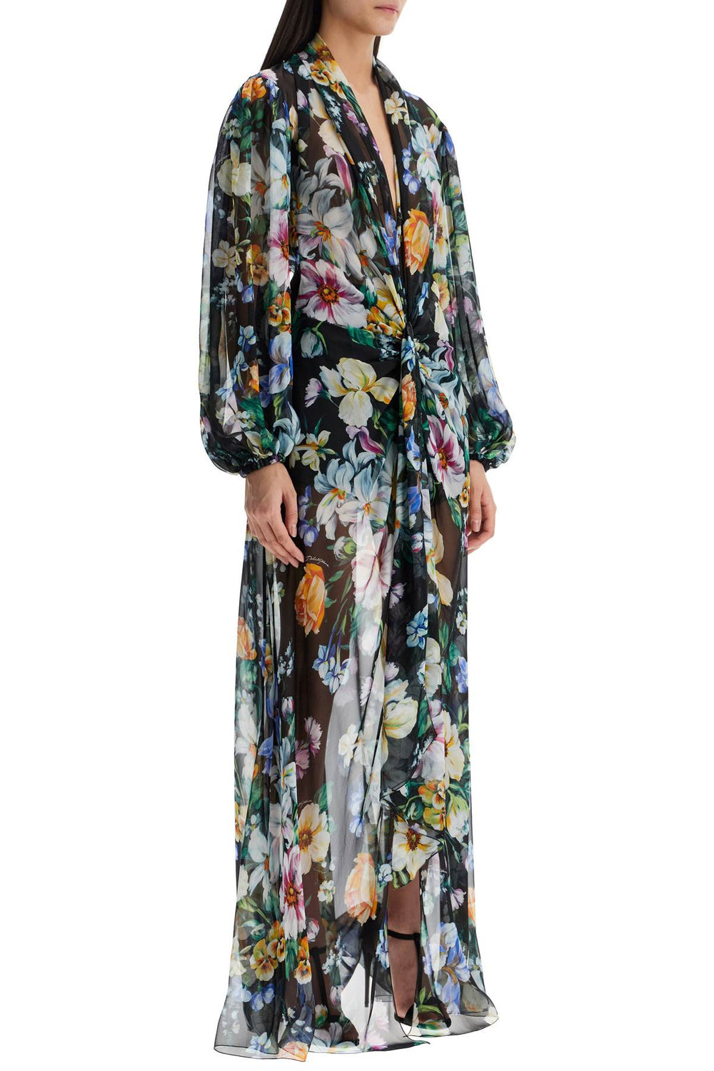 Dolce & Gabbana Long Black Silk Dress With Floral Pattern