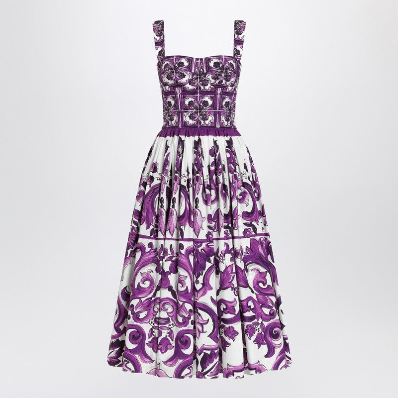 Dolce & Gabbana Dress With Purple Majolica Print In Cotton Poplin