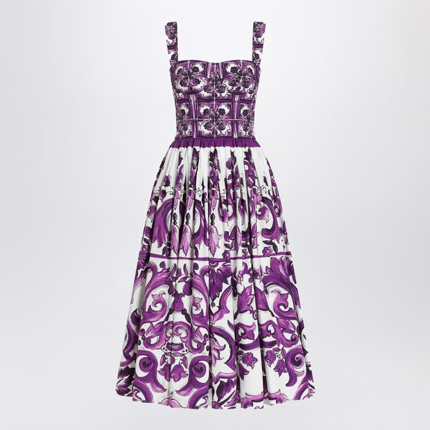 Dolce & Gabbana Dress With Purple Majolica Print In Cotton Poplin