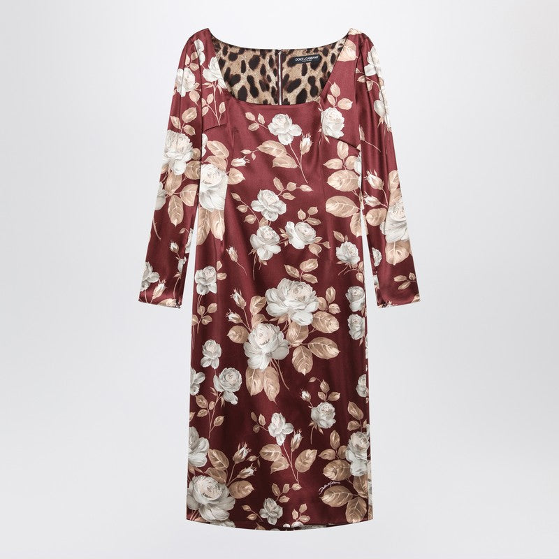 Dolce & Gabbana Burgundy Satin Dress With Floral Print