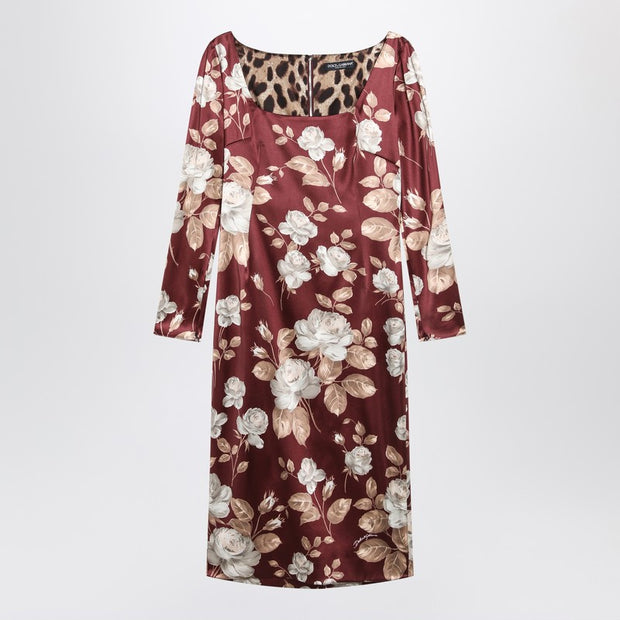 Dolce & Gabbana Burgundy Satin Dress With Floral Print