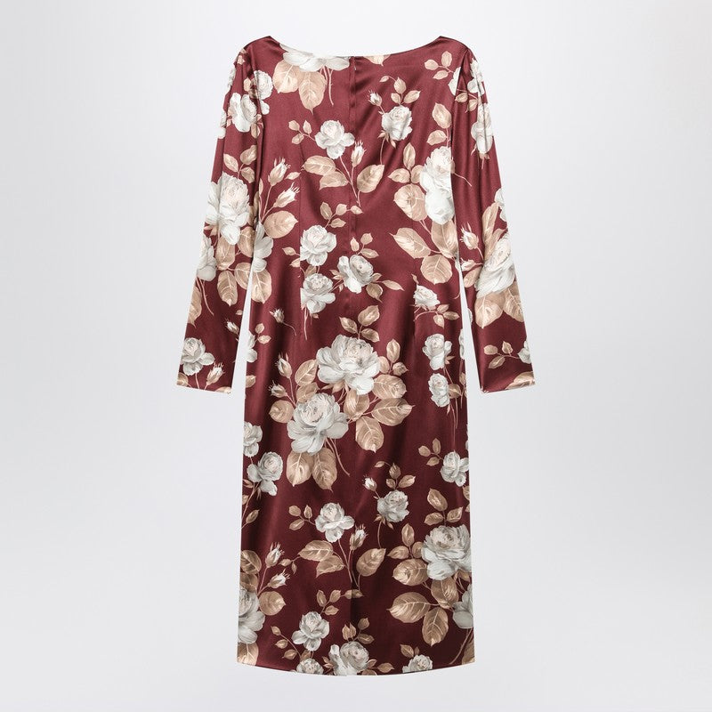 Dolce & Gabbana Burgundy Satin Dress With Floral Print
