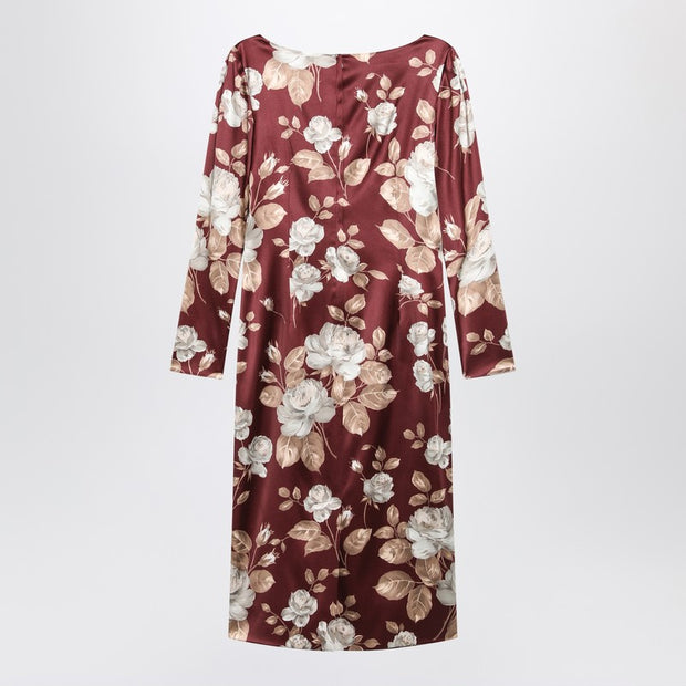 Dolce & Gabbana Burgundy Satin Dress With Floral Print