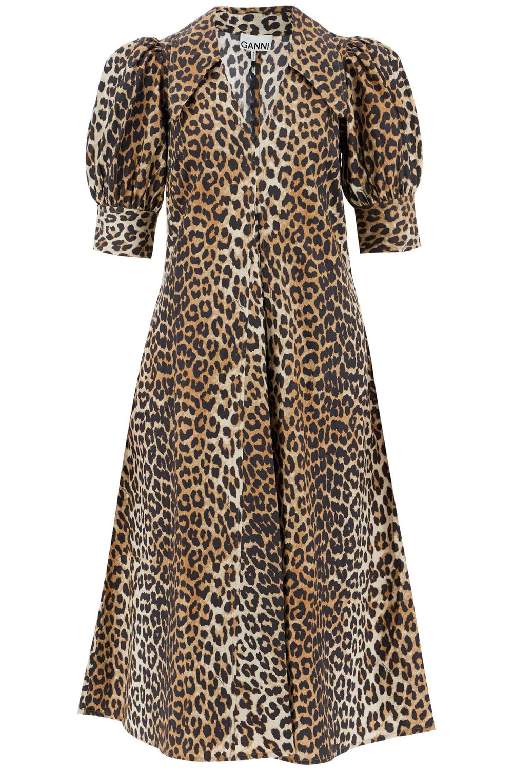 Ganni Leopard Print Cotton Poplin Midi Dress