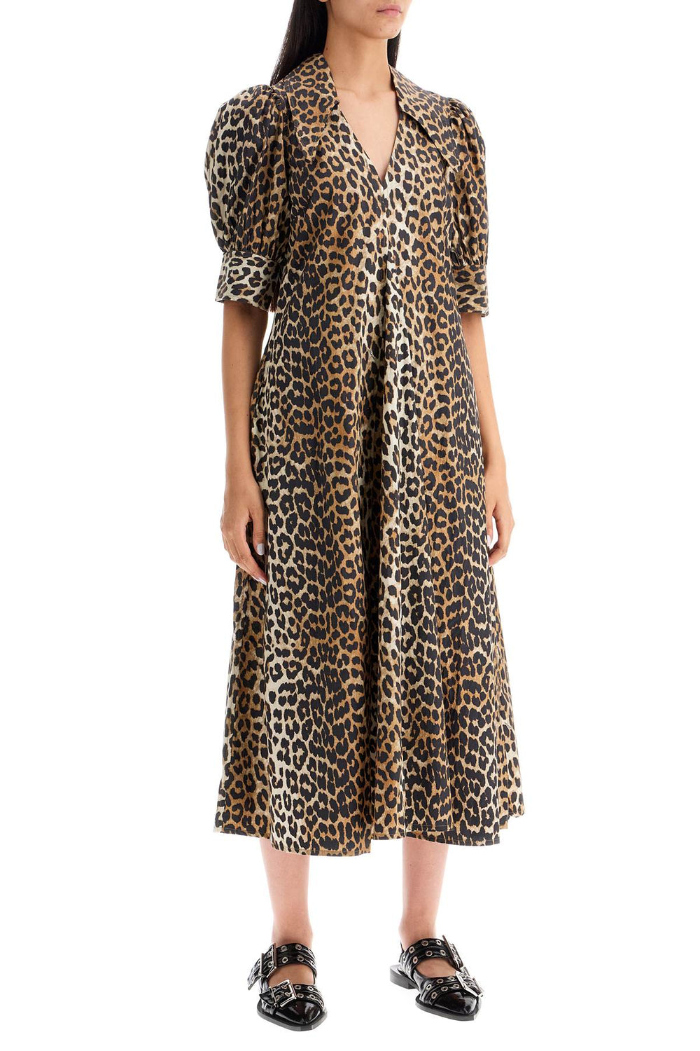 Ganni Leopard Print Cotton Poplin Midi Dress