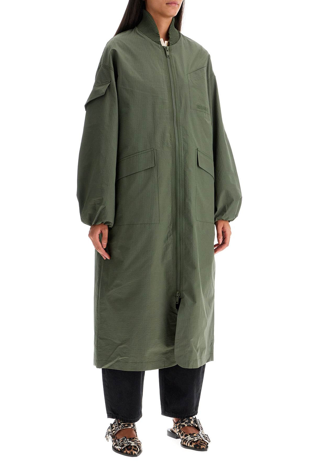 Ganni Long Tech Seersucker Trench Coat