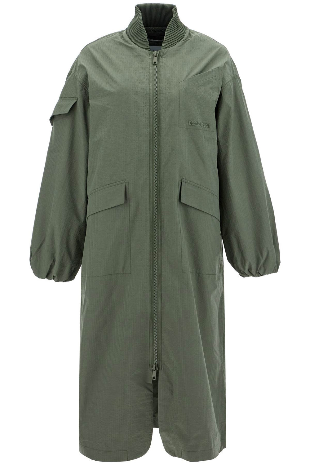 Ganni Long Tech Seersucker Trench Coat