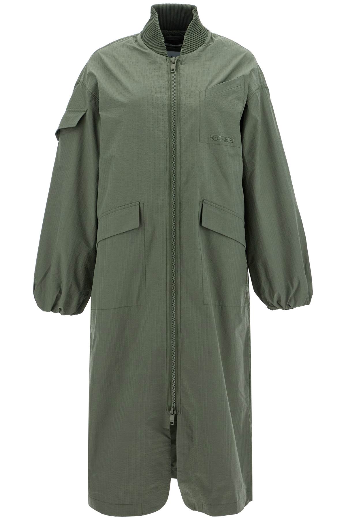 Ganni Long Tech Seersucker Trench Coat