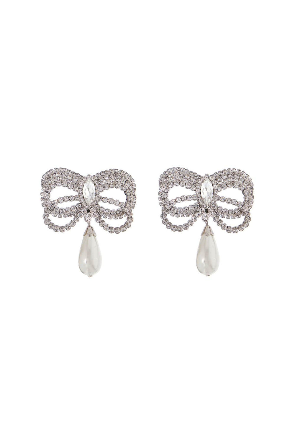 Alessandra Rich Brass Earrings In Silver With Bow And Drop Pearl