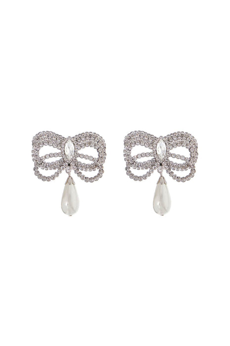 Alessandra Rich Clip-on Brass Earrings In Silver With Bow And Drop Pearl