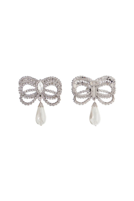 Alessandra Rich Clip-on Brass Earrings In Silver With Bow And Drop Pearl