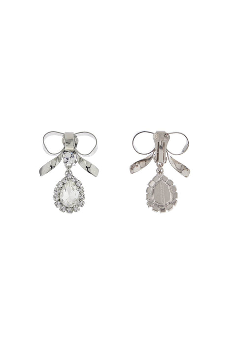Alessandra Rich Clip-on Bow Earrings With Crystal Pendant In Silver-Plated Brass