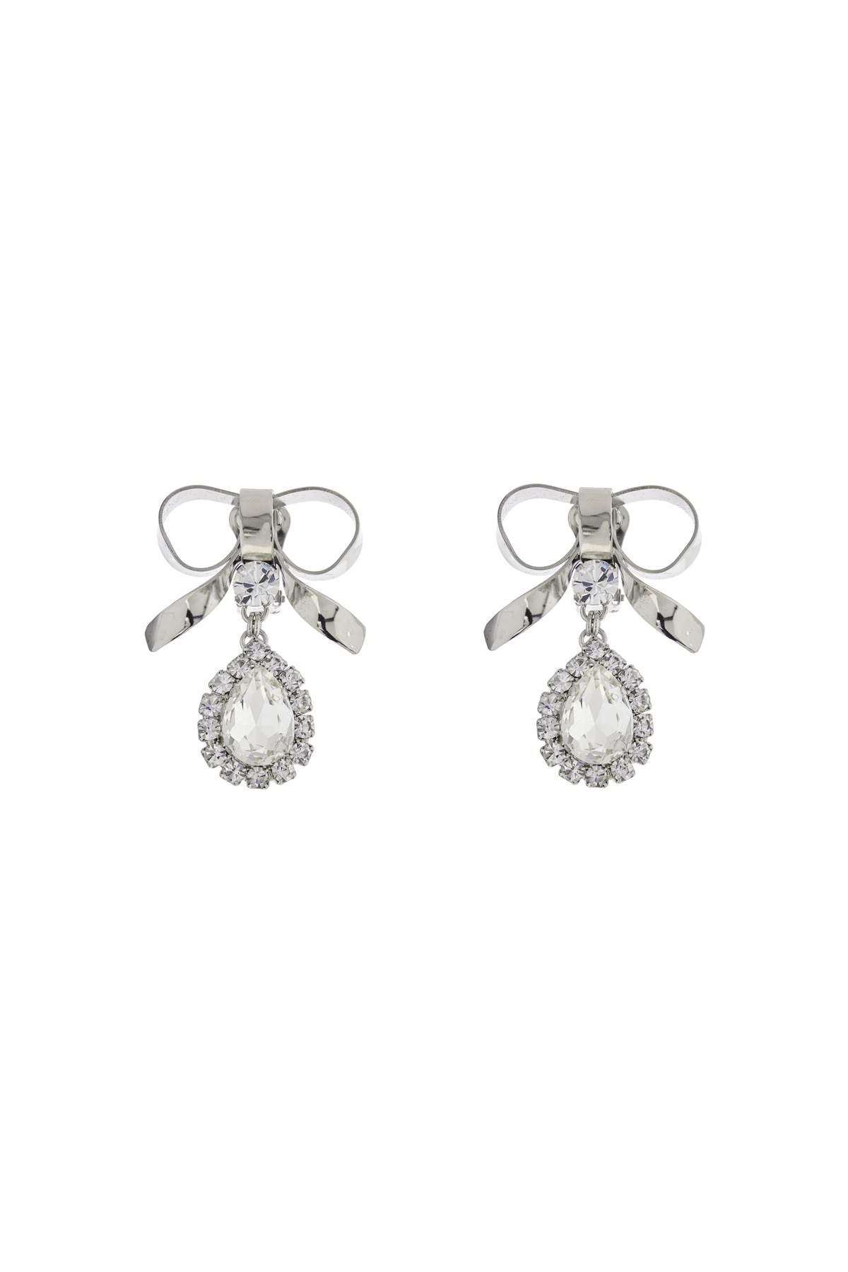 Alessandra Rich Bow Earrings With Crystal Pendant In Silver-Plated Brass