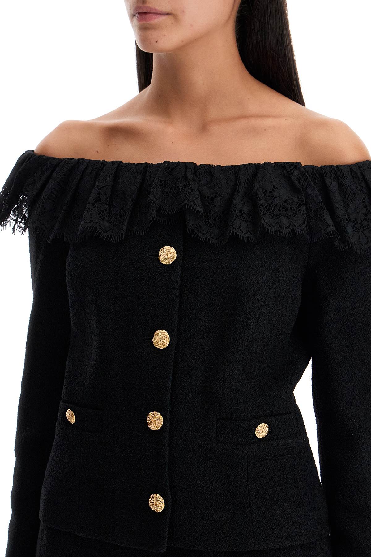 Alessandra Rich Off-shoulder Tweed Boucle Blazer