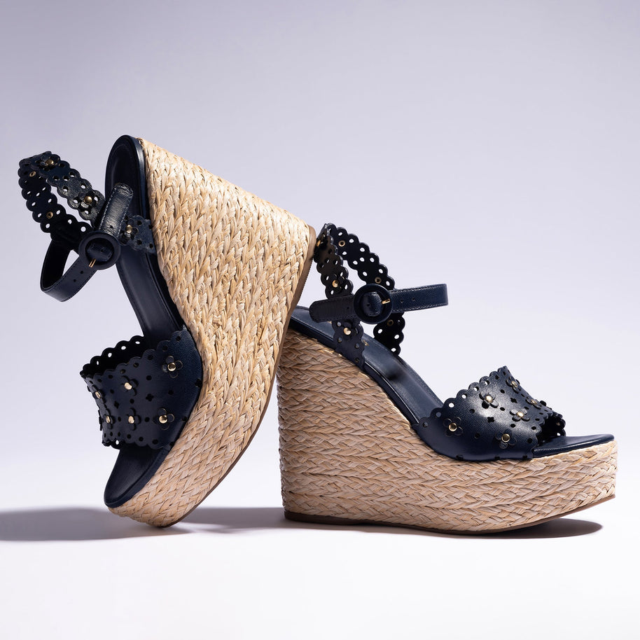 Larroude Jasmine Wedge In Navy Leather