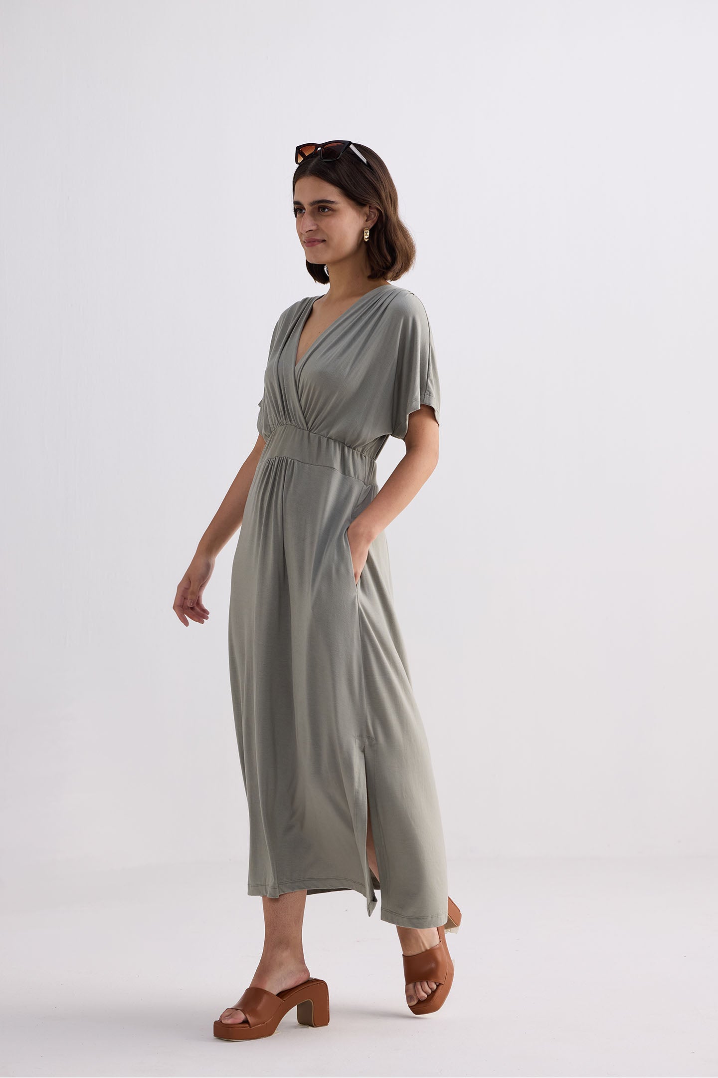 Reistor Flowy A-Line Maxi Dress with Side Slits in Light Olive
