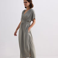 Reistor Flowy A-Line Maxi Dress with Side Slits in Light Olive