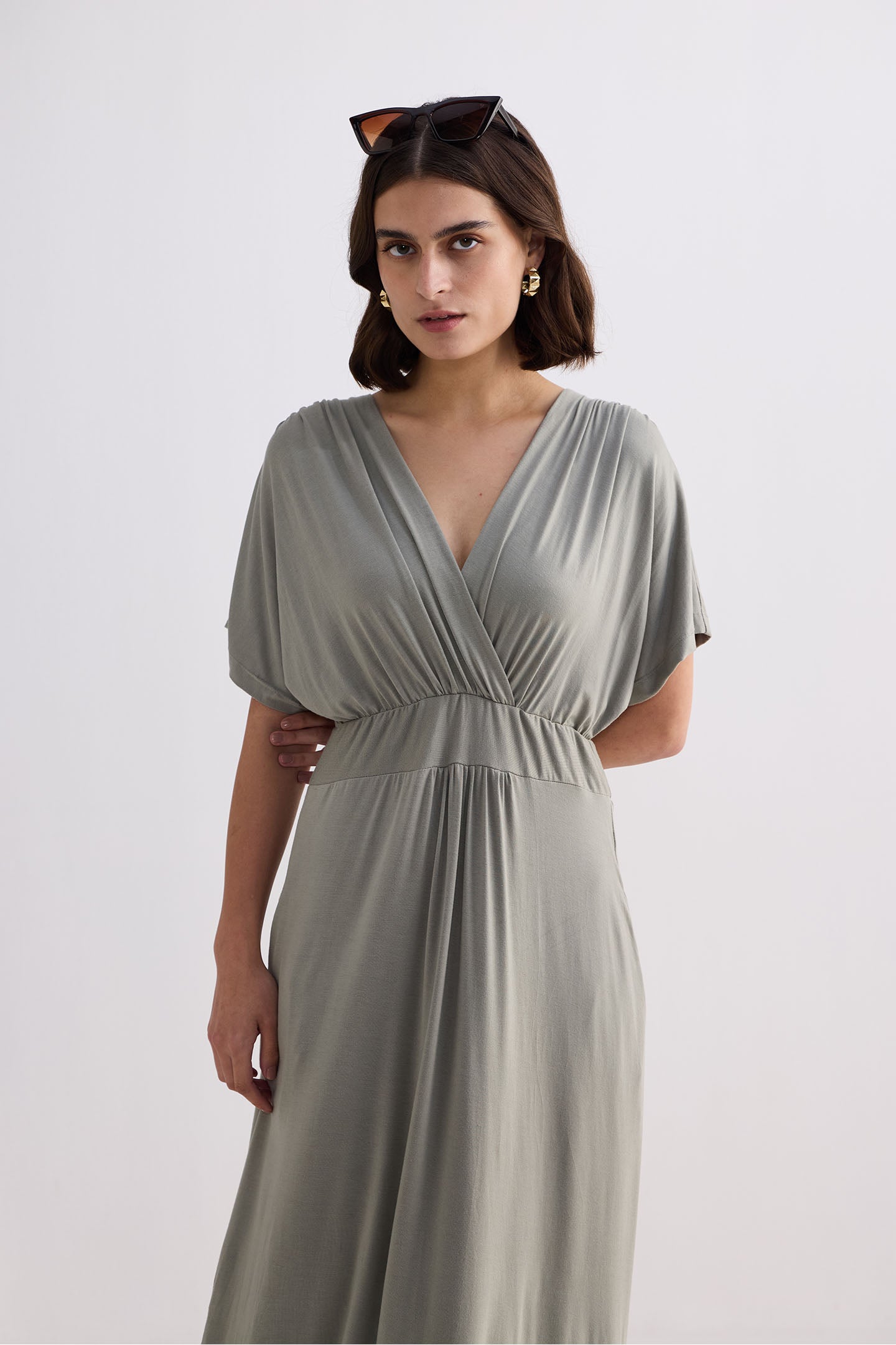 Reistor Flowy A-Line Maxi Dress with Side Slits in Light Olive