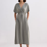 Reistor Flowy A-Line Maxi Dress with Side Slits in Light Olive