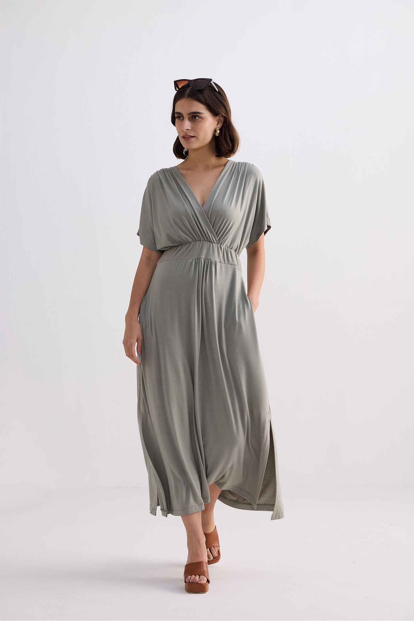 Reistor Flowy A-Line Maxi Dress with Side Slits in Light Olive