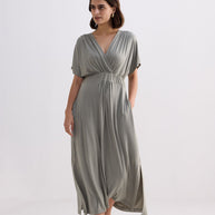 Reistor Flowy A-Line Maxi Dress with Side Slits in Light Olive