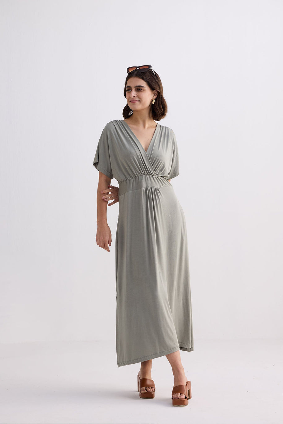 Reistor Flowy A-Line Maxi Dress with Side Slits in Light Olive
