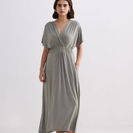 Reistor Flowy A-Line Maxi Dress with Side Slits in Light Olive