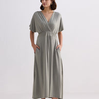 Reistor Flowy A-Line Maxi Dress with Side Slits in Light Olive