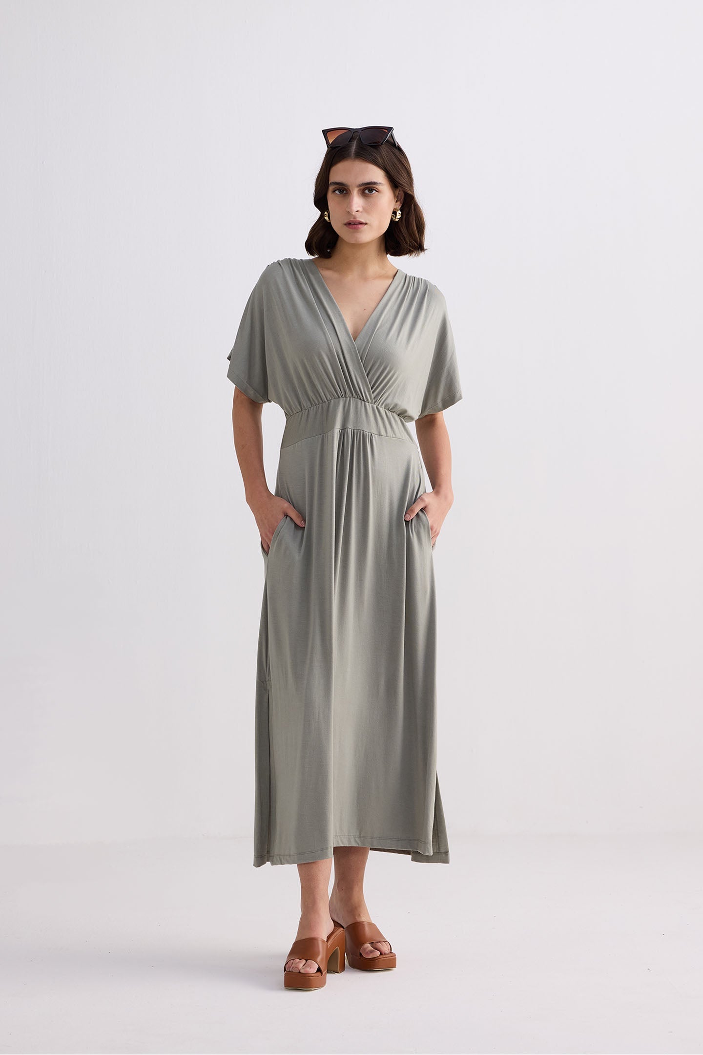 Reistor Flowy A-Line Maxi Dress with Side Slits in Light Olive