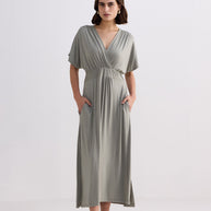 Reistor Flowy A-Line Maxi Dress with Side Slits in Light Olive