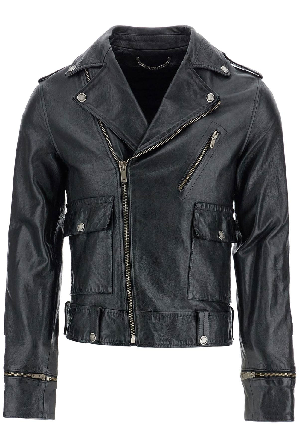 Golden Goose Black Waxed Leather Biker Jacket With Zip