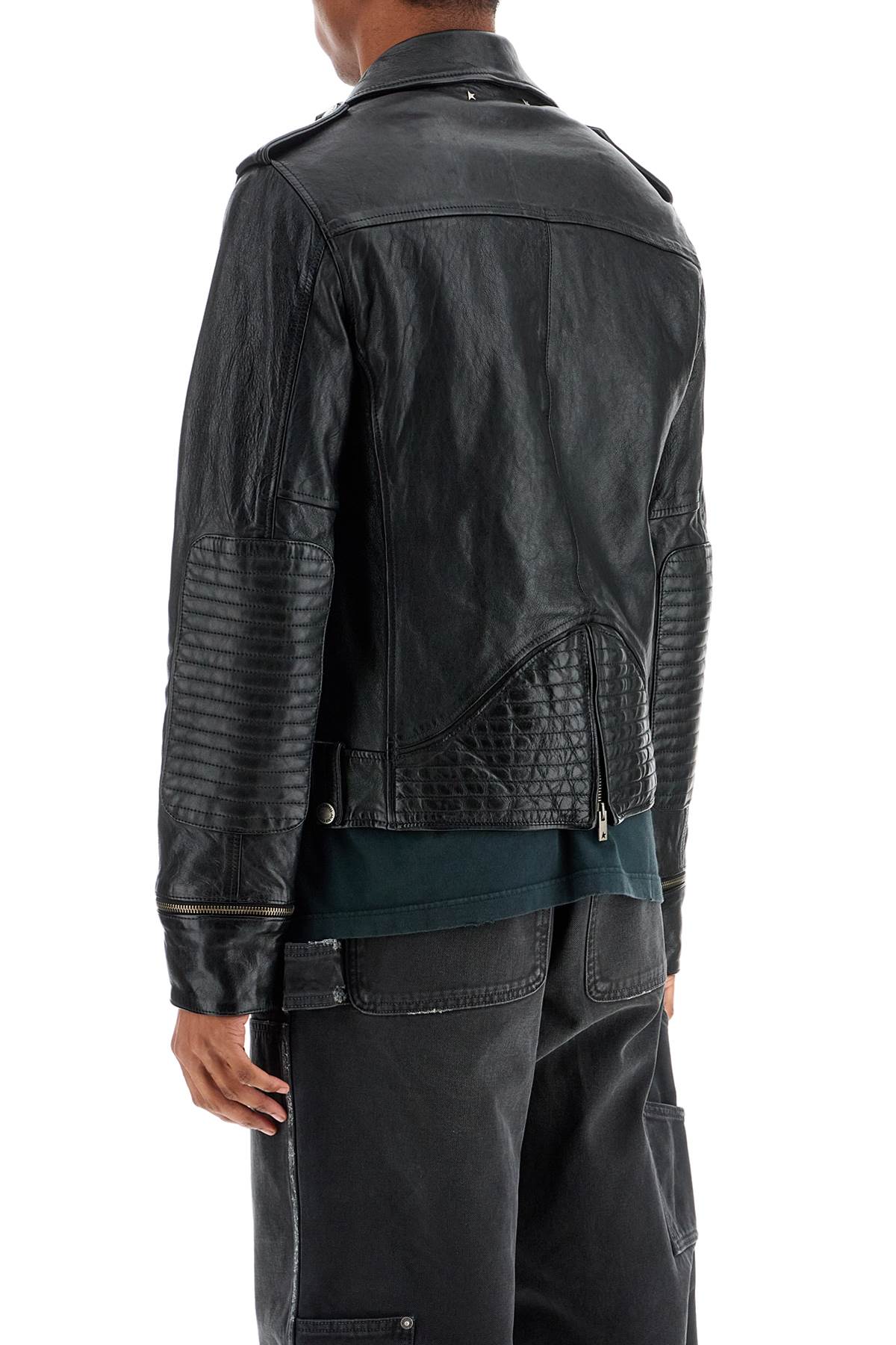 Golden Goose Black Waxed Leather Biker Jacket With Zip