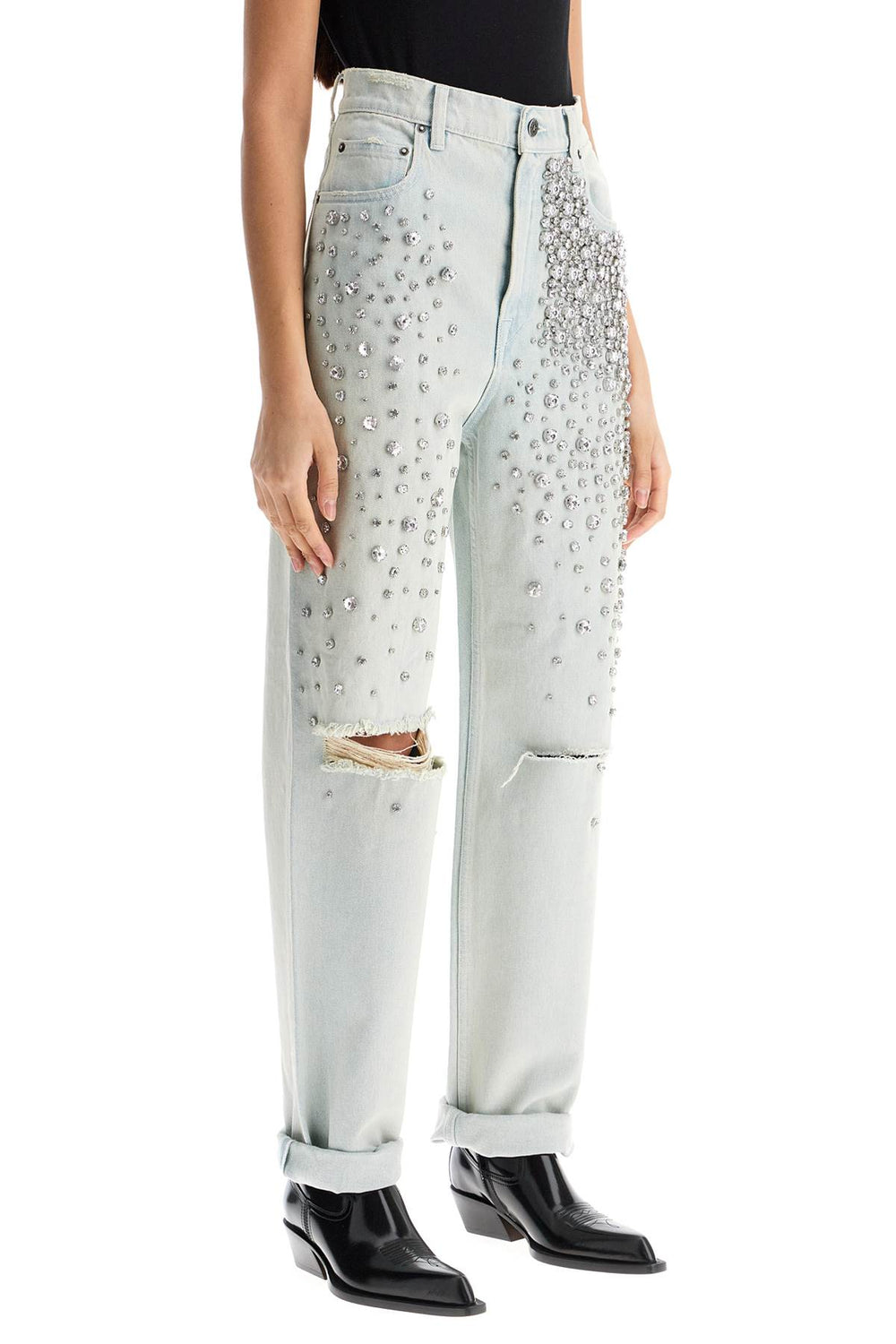 Golden Goose Light Blue Cotton Jeans With Crystal Stones