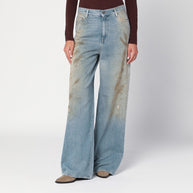 Golden Goose Wide Light Blue Jeans, Sand-wash Distressed Effect