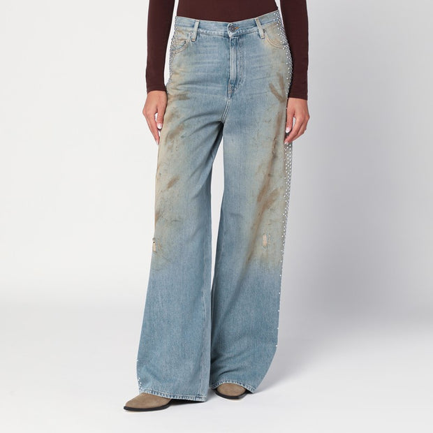 Golden Goose Wide Light Blue Jeans, Sand-wash Distressed Effect