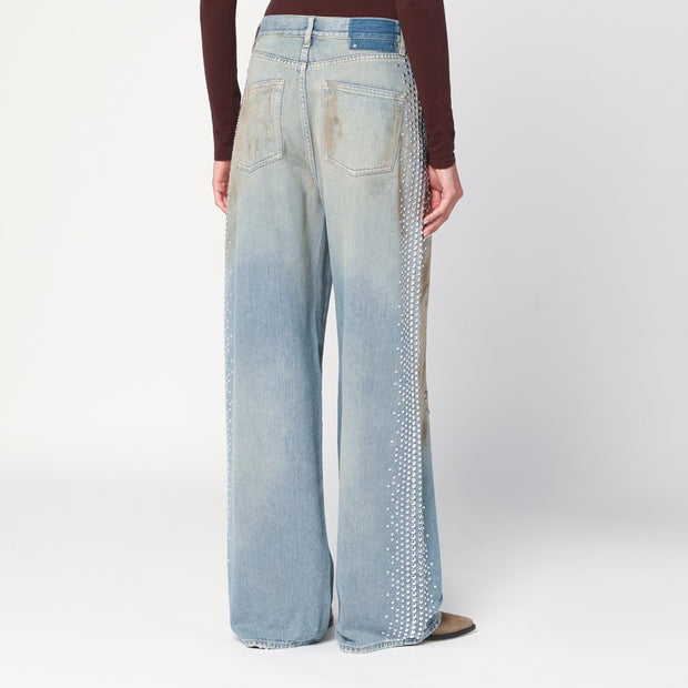 Golden Goose Wide Light Blue Jeans, Sand-wash Distressed Effect