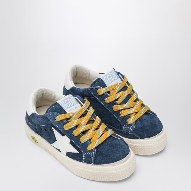 Golden Goose Kids' Low-top May Sneakers In Blue Suede And White Leather