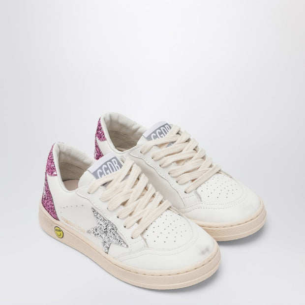 Golden Goose Kids' White Leather Ball Star Sneakers With Silver/pink Glitter