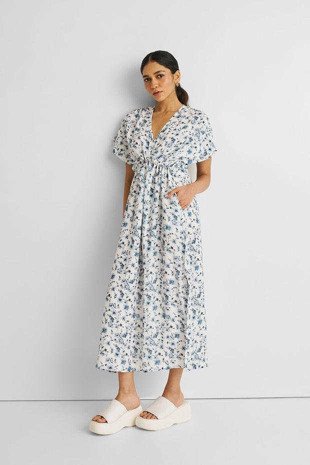 Gathered Maxi Dress In Blue Florals