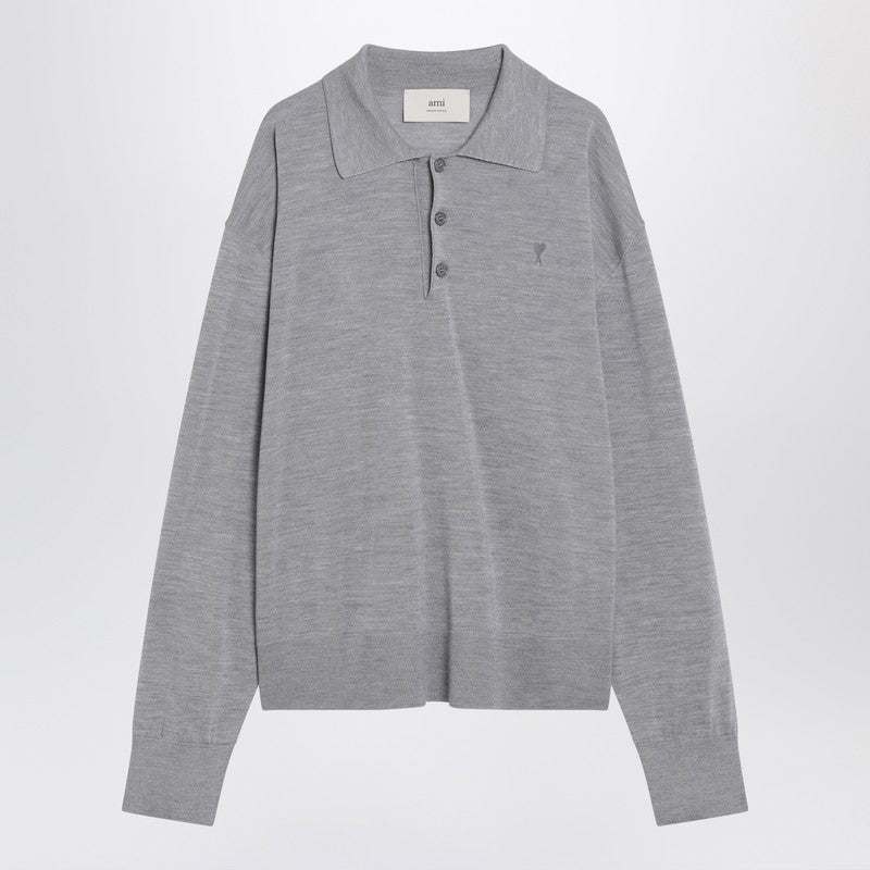 Ami Paris Grey Wool And Silk Polo Ami De Coeur