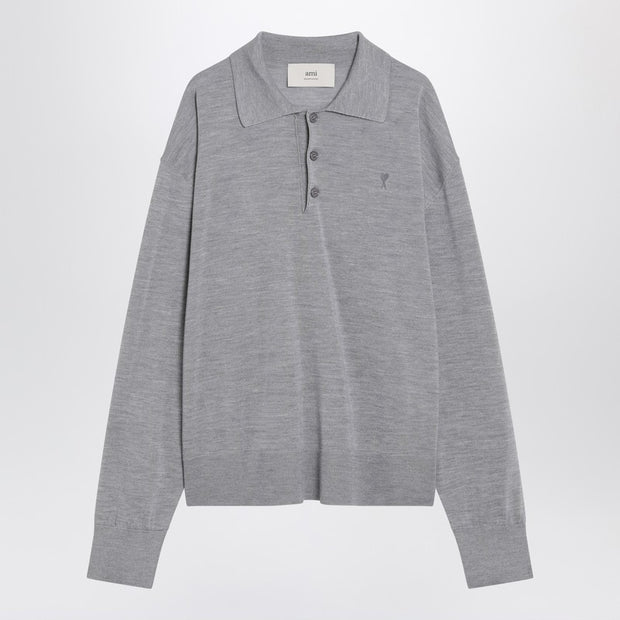 Ami Paris Grey Wool And Silk Polo Ami De Coeur