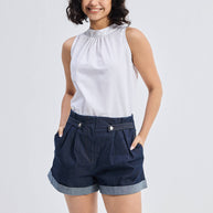 Reistor High-Neck Top with Gathers in White