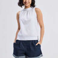 Reistor High-Neck Top with Gathers in White