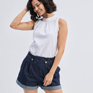 Reistor High-Neck Top with Gathers in White