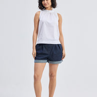 Reistor High-Neck Top with Gathers in White