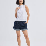 Reistor High-Neck Top with Gathers in White