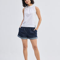 Reistor High-Neck Top with Gathers in White