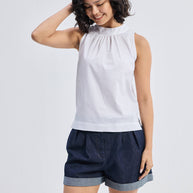 Reistor High-Neck Top with Gathers in White