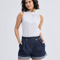 Reistor High-Neck Top with Gathers in White